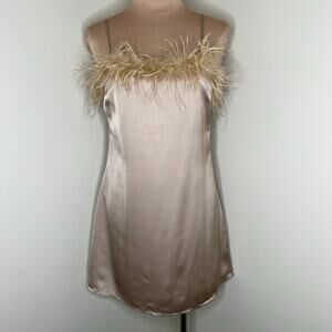 Charmed Hearts Slip Dress Medium Womens Feather Trim Satin Party Going Out Chic